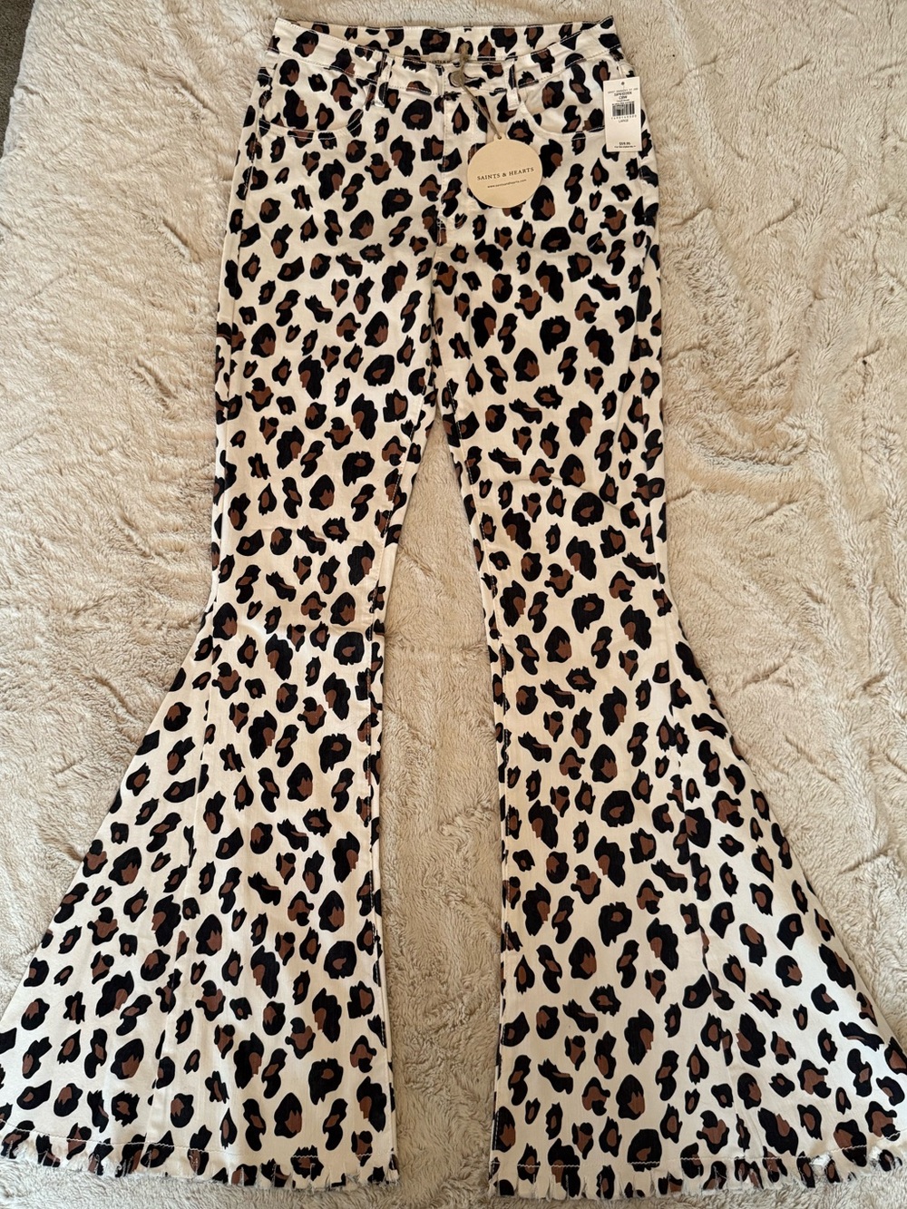 Leopard Print Cream Flare Jeans - Women's Wide Leg